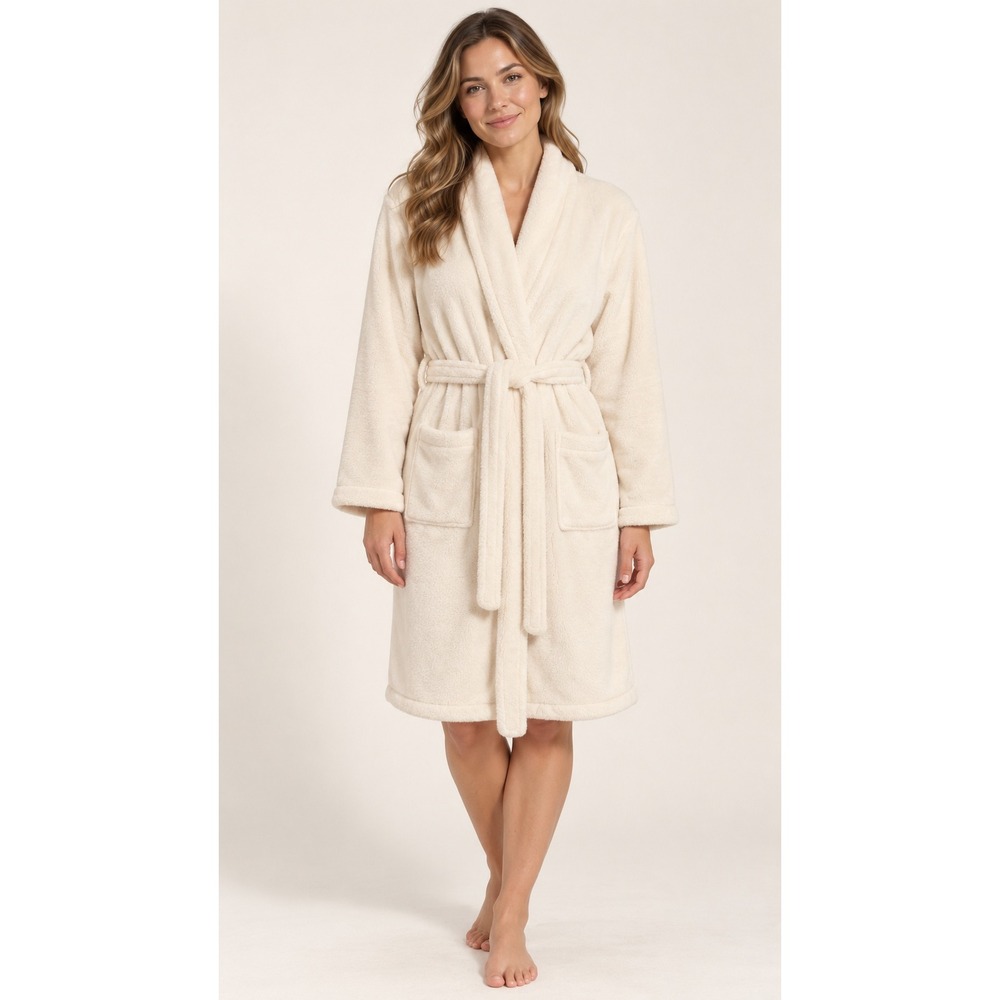 s·p·a Fleece Bathrobe OS Cream Plush Shawl Collar Belted Pocket Soft Loungewear